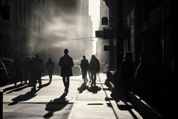 Black and white photograph of a bustling street scene, capturing the fleeting moments of human interaction and the contrasts of light and shadow