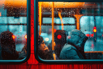 A bus with raindrops on the window and a couple kissing