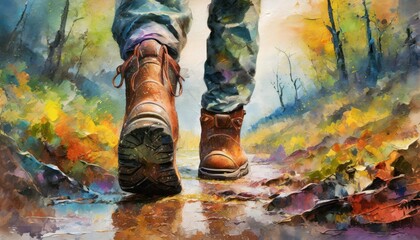 abstract expressionistic painting of a wilderness trek hiking boots treading an unseen path splatters and drips to depict mud and foliage bold color palette large canvas format - obrazy, fototapety, plakaty