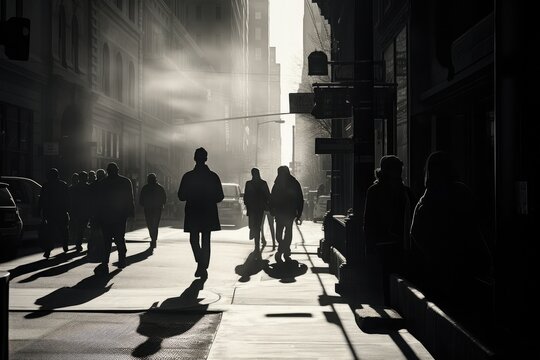 Fototapeta Black and white photograph of a bustling street scene, capturing the fleeting moments of human interaction and the contrasts of light and shadow