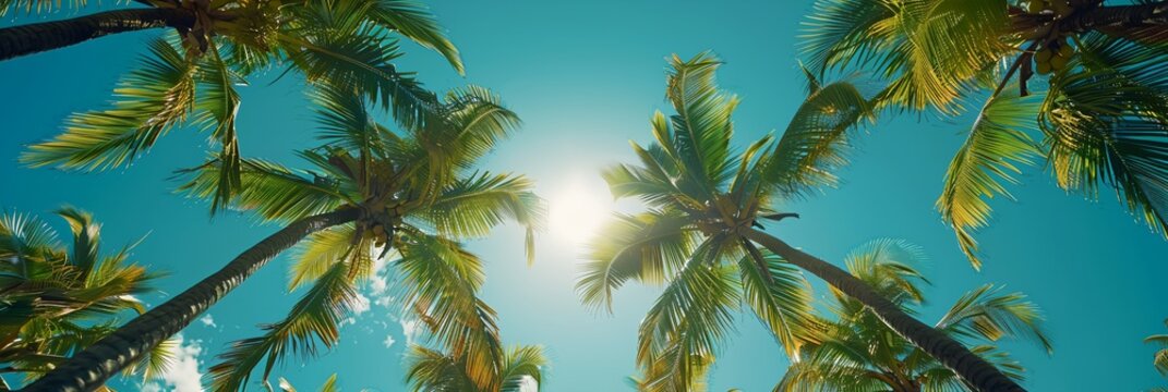 A beautiful tropical scene with palm trees and a bright blue sky. The sun is shining brightly, creating a warm and inviting atmosphere
