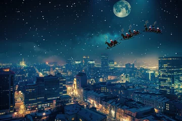 Fotobehang Santa Claus is delivering kids presents on reindeers, sleigh fly over the night illuminated city © Anna