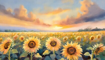 painting style illustration sunflower field with sunset sky scenery calm and peaceful generative ai