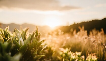 blurry green plants and golden sunlight backdrop outdoor nature - obrazy, fototapety, plakaty