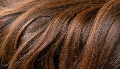 Closeup view of a bunch of shiny straight brunette hair in a wavy curved style. Hair care concept