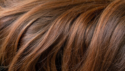 Naklejka premium Closeup view of a bunch of shiny straight brunette hair in a wavy curved style. Hair care concept