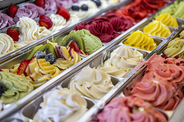 Fototapeta premium A row of ice cream flavors, including strawberry, kiwi, and blueberry