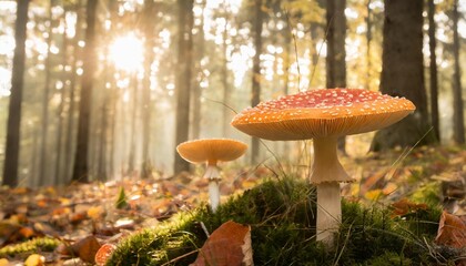 red fly agaric mushrooms in autumn forest fantasy forest nature background - obrazy, fototapety, plakaty