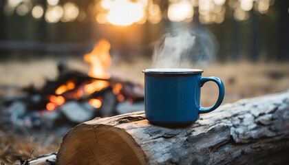 a steaming cup of hot coffee blue enamel against an old log by an outdoor campfire the camera captures an extreme shallow depth of field with the mug in sharp focus