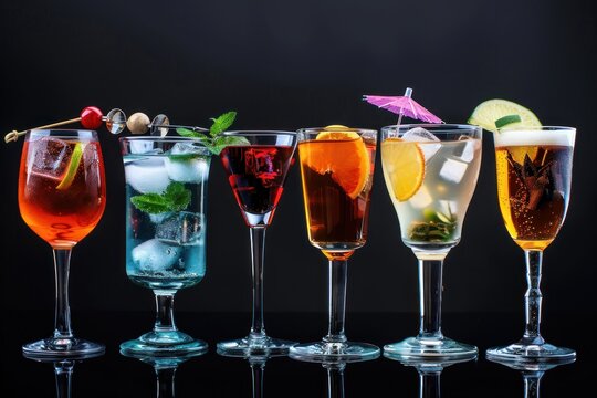 Set of various alcoholic cocktails in glasses isolated on black background for bar menu