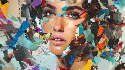 Abstract modern art collage portrait: trendy paper collage composition of young woman and man in creepycross