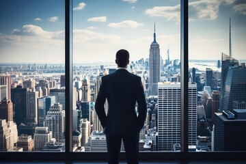 Businessman standing in front of a window, looking out at the city. The focus is on the businessman, and the city is slightly blurred - Powered by Adobe