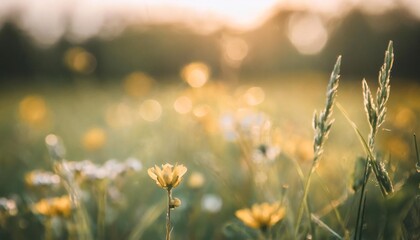 abstract soft focus sunset field landscape of yellow flowers and grass meadow warm golden hour...
