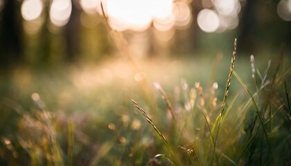 green grass in a forest at sunset macro image shallow depth of field summer nature background - obrazy, fototapety, plakaty