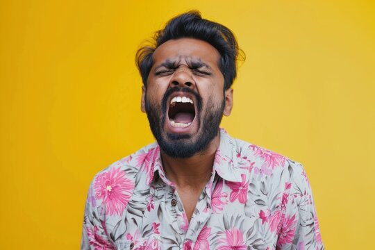 Shouting misunderstood stressed sad Indian man on yellow studio background