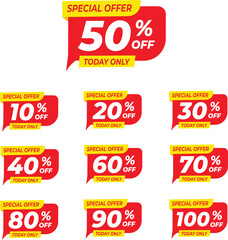 Different percent discount sticker discount price tag set. Promote special offer with sell off up to 10, 20, 30, 40, 50, 60, 70, 80, 90, 100 percentage vector illustration isolated on white.