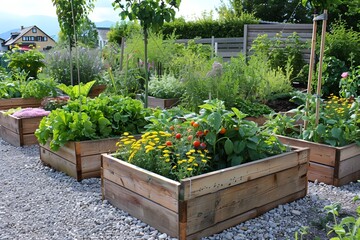 A garden with a variety of plants in wooden boxes