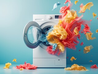 A colorful washing machine with clothes inside