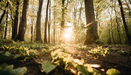 sunlight shines trough green leaves in the forest during spring - obrazy, fototapety, plakaty