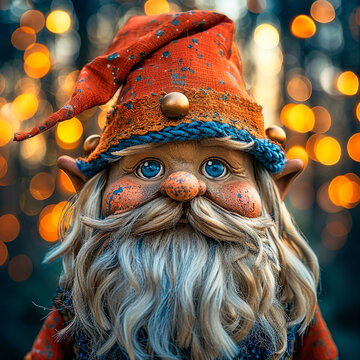 Incr&iacute;vel retrato fotogr&aacute;fico e ilustrativo de um rosto de gnomo de jardim.