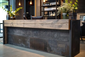 simple linear company or hotel reception counter or front desk made out of wood and dark metal