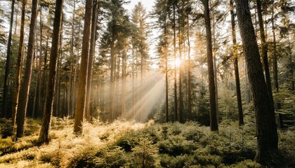 wide landscape view of dense green forest with sun rays made with generative ai
