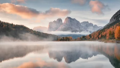 Fotobehang panoramic autumn view of popular tourist destination federa lake picturesque sunrise in dolomite alps amazing morning scene of italy europe beauty of nature concept background © Katherine