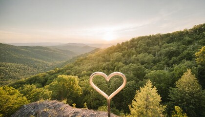 heart symbol created on the top of a mountain with many trees in a very green forest - obrazy, fototapety, plakaty