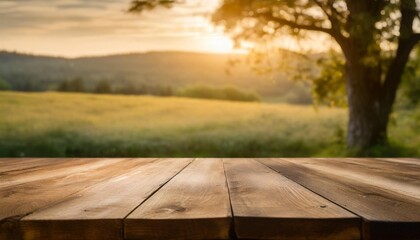 empty old wooden table with green nature background