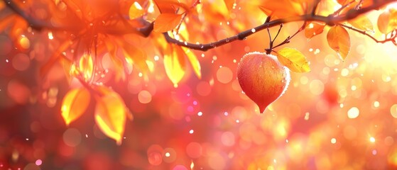   An apple dangles from a tree branch against an orange and yellow backdrop, with water droplets splattering on it