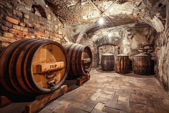 Modern luxury underground interior of old cellar with wine wooden barrels
