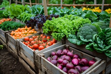 A variety of vegetables are displayed in wooden crates, including tomatoes