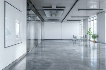 Modern office hallway with glass wall boardroom and white board mockup