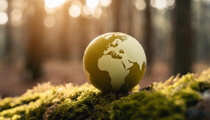 Obraz na płótnie Canvas earth day green globe in forest with moss and defocused abstract sunlight environment concept