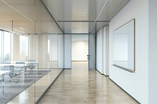 Modern office hallway with glass wall boardroom and white board mockup