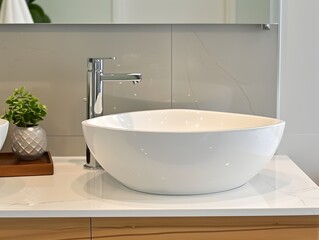 A white sink with a silver faucet sits on a white countertop