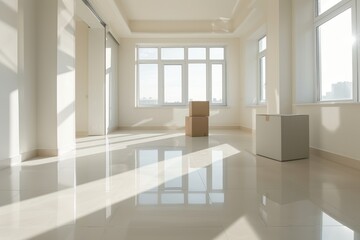 Moving concept with empty bright room and moving boxes