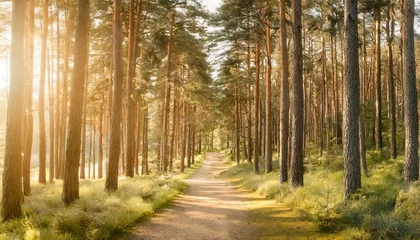 Fotobehang summertime scene of a pine woodland path through the park banner supporting the environment and ecology spring and summer seasons and a web banner of nature generative ai © Katherine