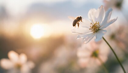 art beautiful spring or summer nature blurred background white spring flower and fly bee against evening sunny sky - obrazy, fototapety, plakaty