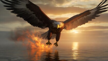 3d rendering of an eagle flying over the water with fire and smoke - obrazy, fototapety, plakaty