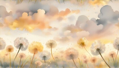 seamless watercolor pattern with bright clouds and fluffy dandelions on a light background endless...