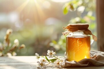 golden honey in glass jar on table in light colored kitchen - obrazy, fototapety, plakaty