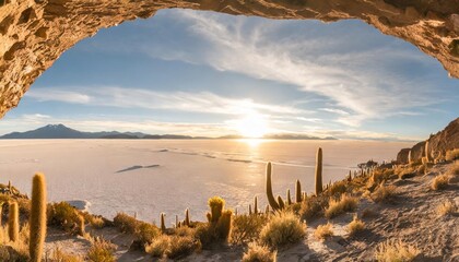 panoramic view of the uyuni salt flat with cactus plants under the cave salar de uyuni bolivia - obrazy, fototapety, plakaty