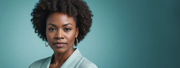 African American 30-35 Years Woman Isolated On A Aquamarine Background With Copy Space