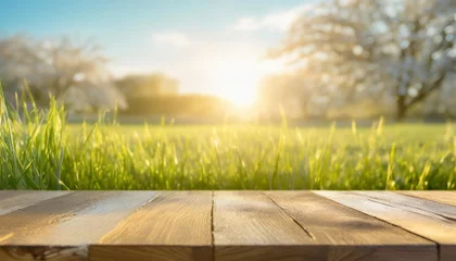 Tuinposter a natural spring garden background of fresh green grass with a bright blue sunny sky with a wooden table to place cut out products on © Katherine