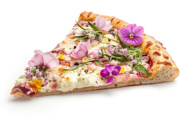 Slice of pizza with spring flowers, floral pizza isolated on flat white background