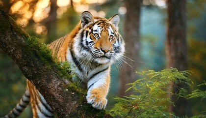 young amur tiger panthera tigris playing in the forest a large feline beast climbs a tree siberian big cat in environment tiger in nature forest habitat - obrazy, fototapety, plakaty