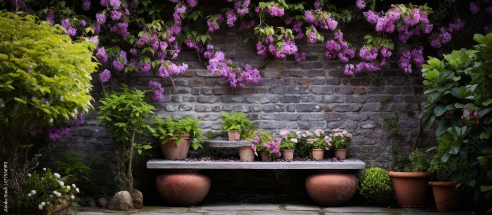 Poster Lush purple flowers in full bloom on a sturdy brick wall surrounded by lush greenery