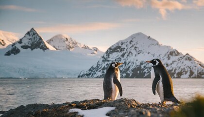 two penguins against the backdrop of beautiful snowy mountains and the sea desktop screensaver - obrazy, fototapety, plakaty