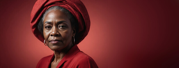 African American 70S Elderly Woman Isolated On A Red Background With Copy Space